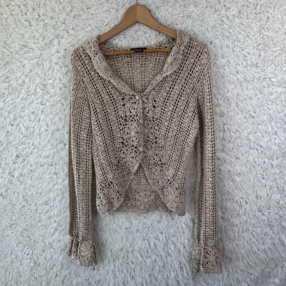 Cami Crochet Knit Cardigan Womens M Tan Boho Open Knit Coquette Cottagecore